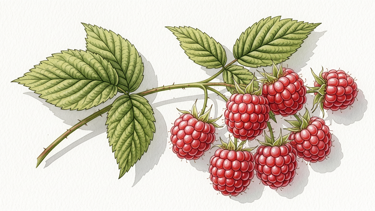 AI-generated image of: a vintage botanical illustration of a raspberry branch on textured off-white paper, showing highly detailed, veined green leaves with serrated edges and clusters of ripe red berries rendered with precise stippling and shading