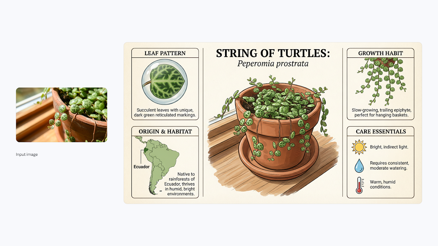 A composite image featuring a photo of a String of Turtles plant alongside an illustrated care guide. The guide, titled 'String of Turtles: Peperomia prostrata,' details the plant's reticulated leaf pattern, its origin in Ecuador, its trailing growth habit, and care essentials like bright indirect light.