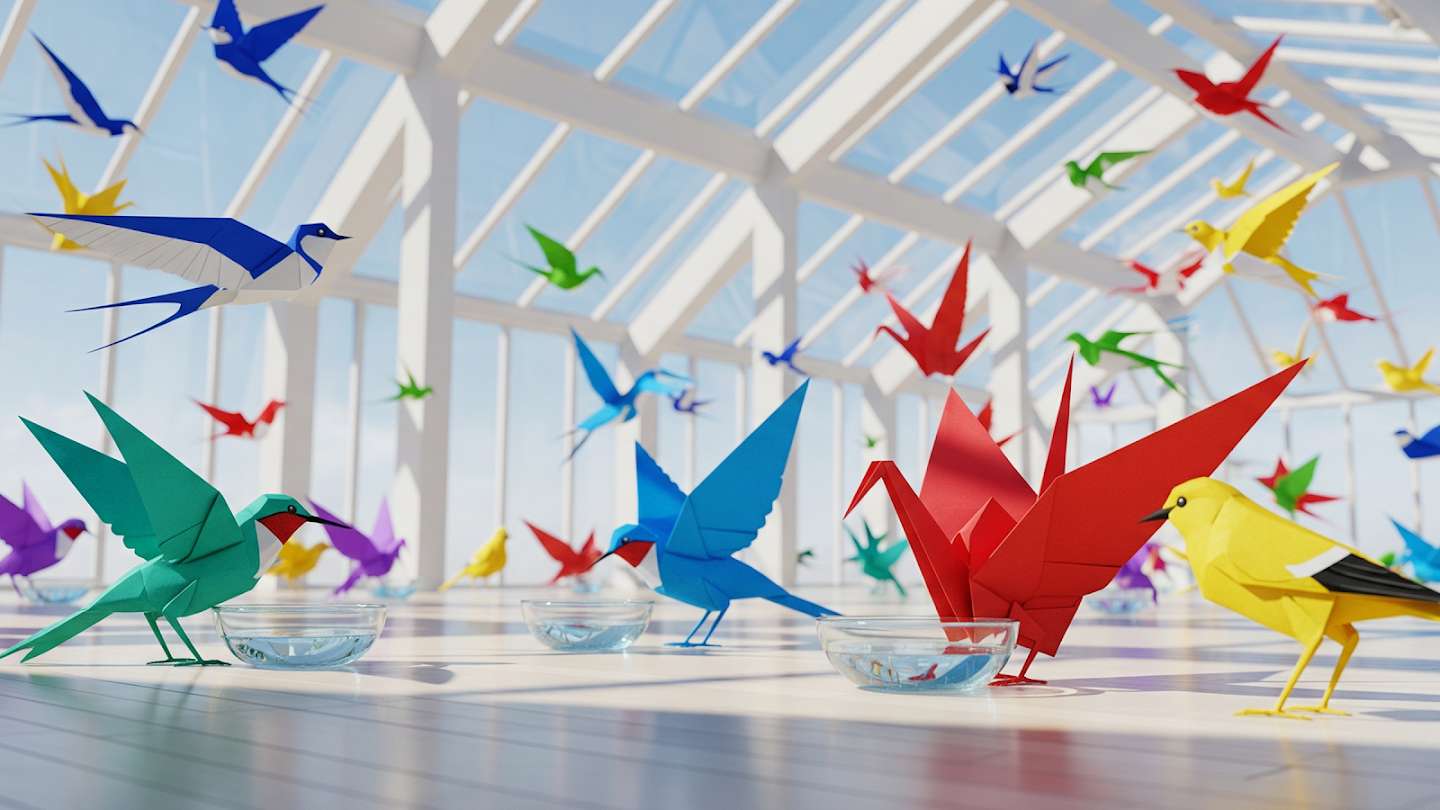 AI-generated image of: a bright, glass-roofed room filled with colorful, geometric origami birds in flight, showcasing sharp paper creases and vibrant hues of blue, red, green, and yellow, with some birds perched near small glass water bowls on the floor