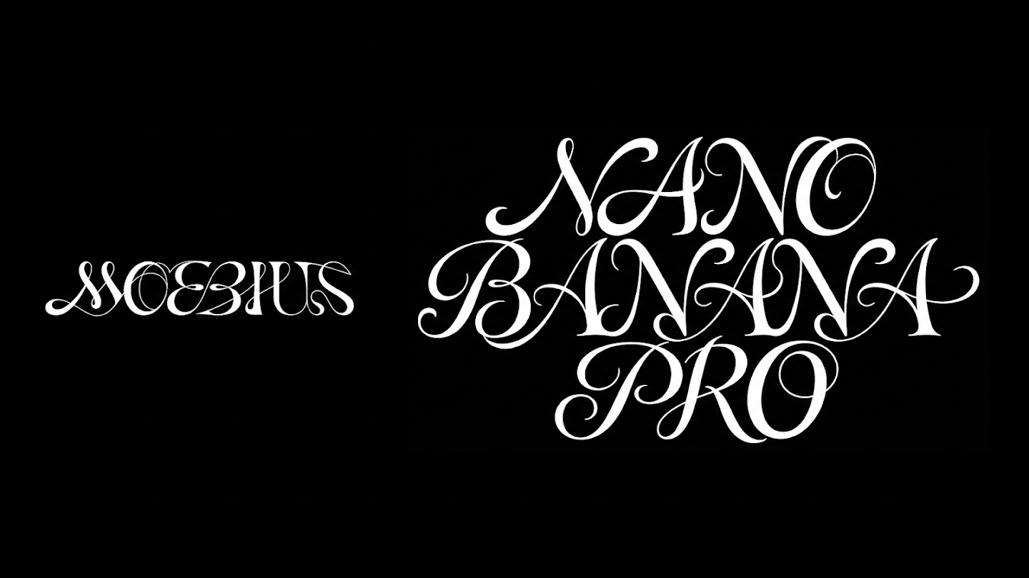 White typography on a black background featuring the words 'Moebius' and 'Nano Banana Pro' written in an elaborate, swirling, psychedelic typeface.