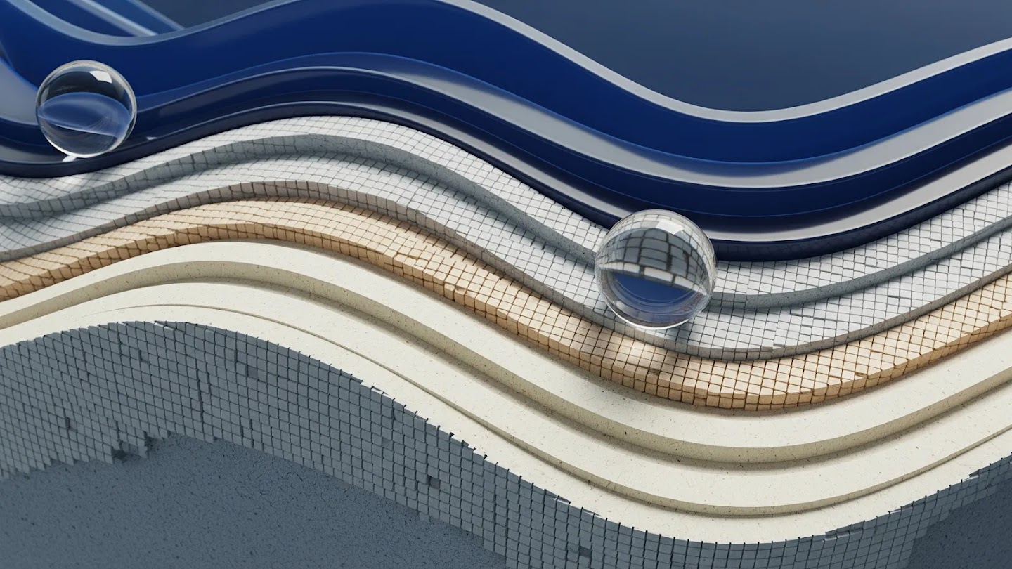 An abstract, 3D cross-section of layered, undulating waves consisting of various textures—including blue glass, white grids, and sandy stone—with two transparent glass spheres resting on the surfaces.