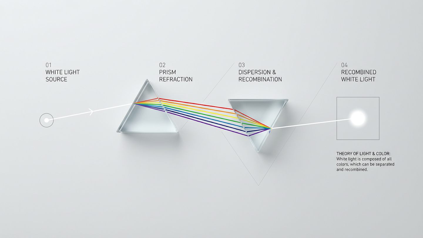 A diagram demonstrating the theory of light and color. A beam of white light enters a prism and refracts into a rainbow spectrum, then passes through a second inverted prism to recombine back into a single beam of white light.