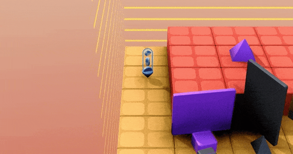 3D Animation showing the agents playing in the XLand. The blue agent is moving obstacles to reach the goal purple pyramid.