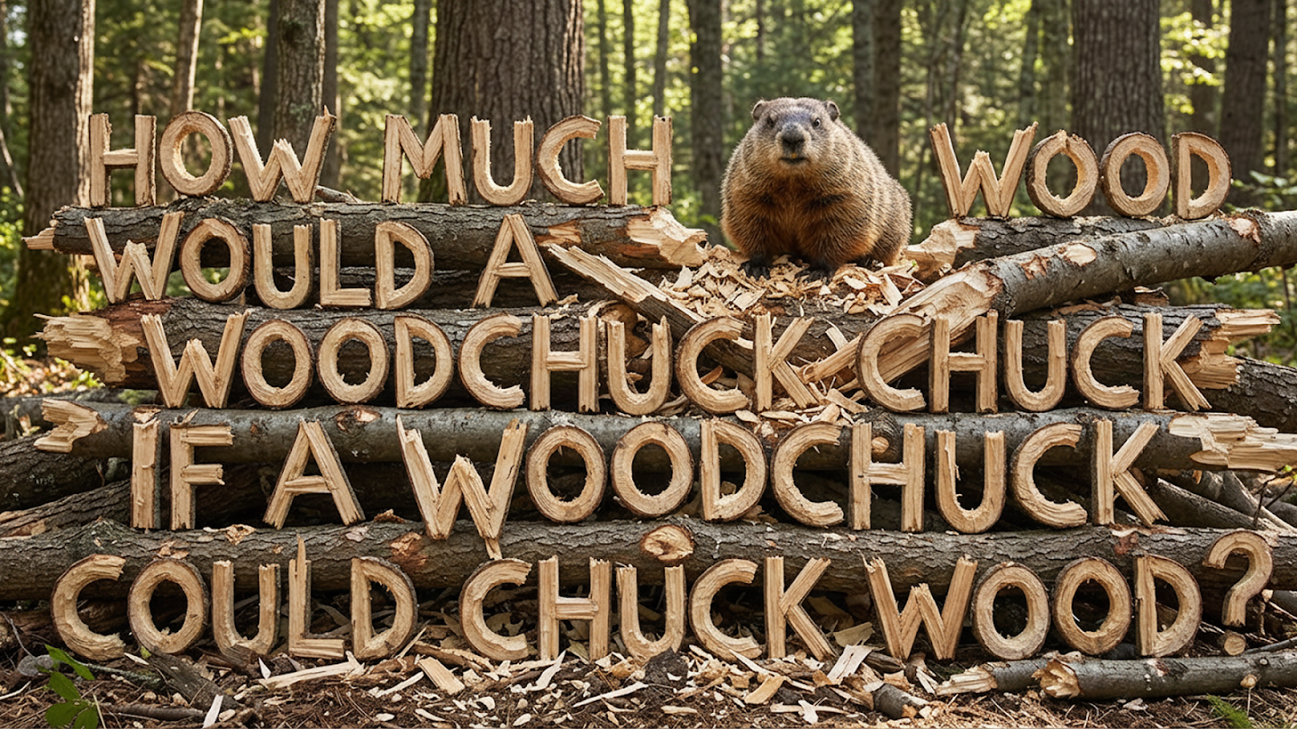 A woodchuck sitting on a pile of logs in a forest, where the stacked wood pieces are arranged to spell out the 3D text: 'HOW MUCH WOULD A WOODCHUCK CHUCK IF A WOODCHUCK COULD CHUCK WOOD?'