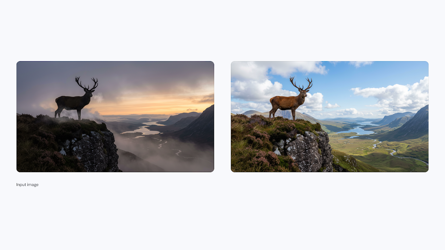 A side-by-side comparison of a landscape featuring a stag standing on a rocky cliff. The left image depicts a moody, misty sunset with the stag in silhouette against a dark sky. The right image transforms the scene into bright daylight with blue skies, white clouds, and a lush green valley visible in the background.