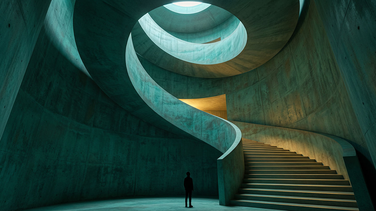 A lone silhouette stands at the base of a massive, brutalist concrete spiral structure leading up to a circular skylight, illuminated by moody teal and warm yellow lighting.