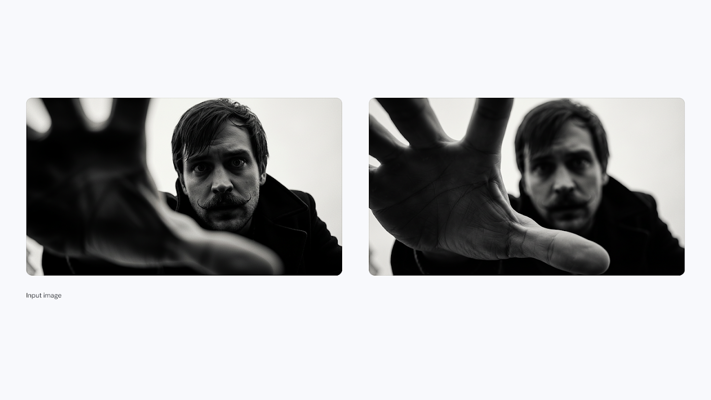 A split-screen black and white image demonstrating a focus shift. The left side focuses on a mustachioed man's face with his reaching hand blurred in the foreground, while the right side shifts the focus to the sharp details of the hand, blurring the man's face.