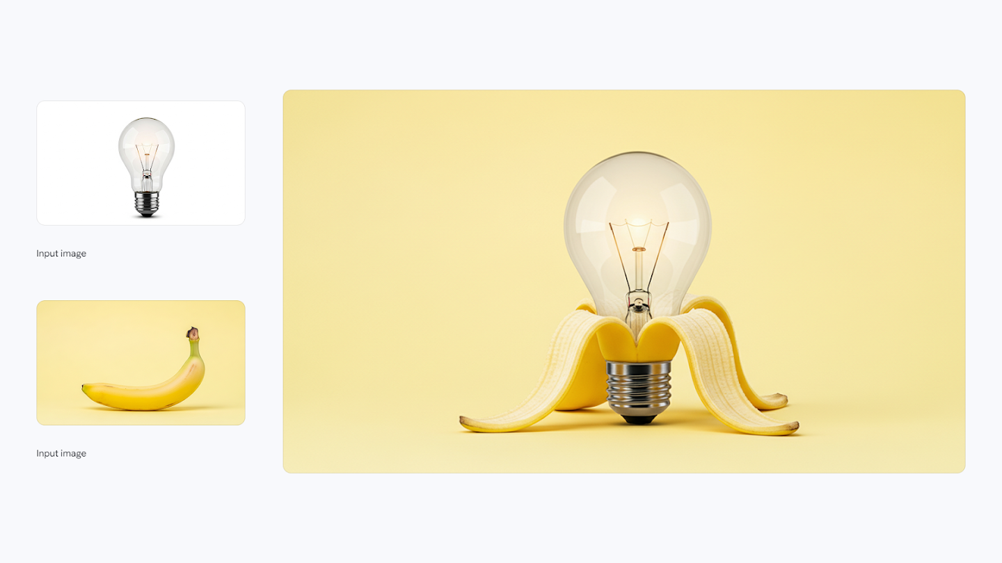 AI-generated image of: a side-by-side comparison showing image merging. On the left are two separate input images: one of a glowing lightbulb and the other of a yellow banana. On the right, the generated output merges the two, showing a lit lightbulb base nestled inside a partially peeled banana, with the yellow peel curved to cradle the bulb against a soft yellow background.