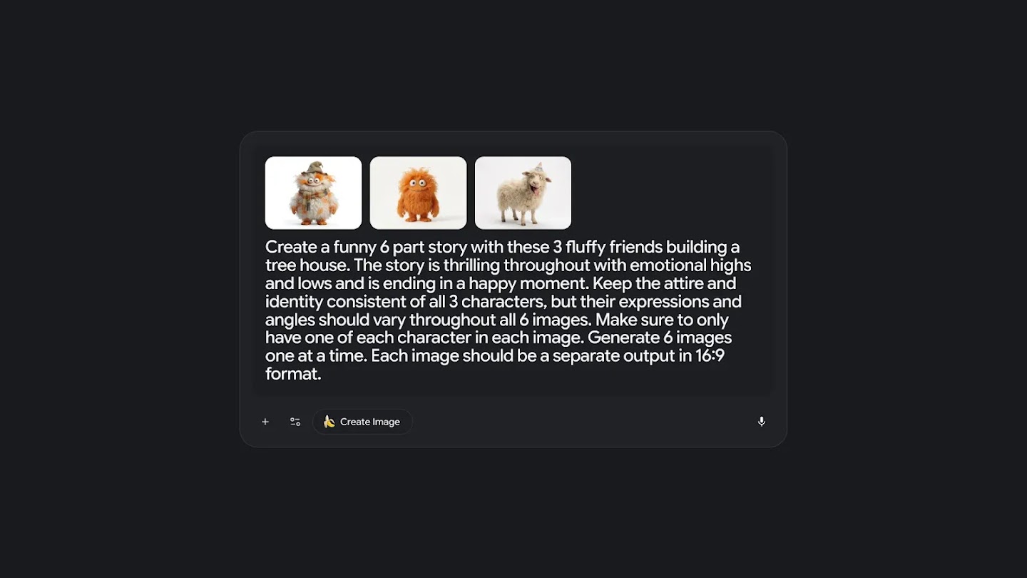 A prompt interface showing three fluffy monster characters and instructions to create a story.