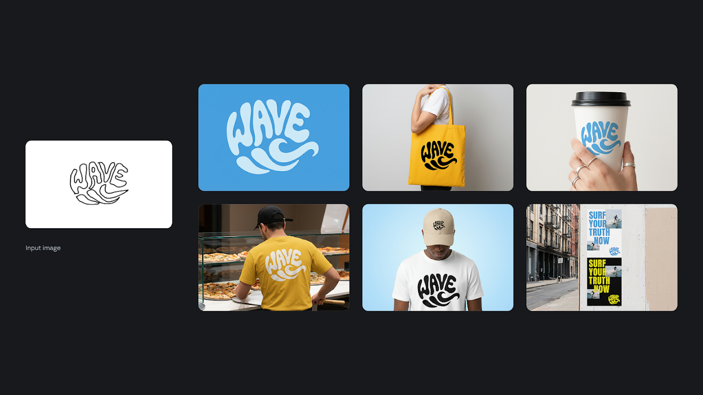 A branding design showcase where a simple black-and-white sketch of a bubbly 'WAVE' logo is transformed into various merchandise mockups. The collection includes the blue vector logo, a yellow tote bag, a paper coffee cup, a yellow t-shirt, a white t-shirt with a cap, and street posters reading 'Surf Your Truth Now,' all featuring the logo.