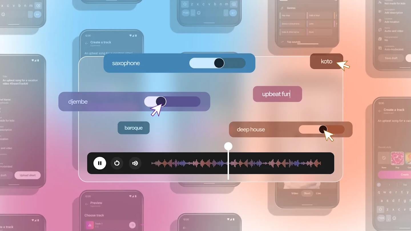 An illustration of interactive generative music tools, with different user interfaces, floating on top of a colored gradient background with a grid of smartphones.