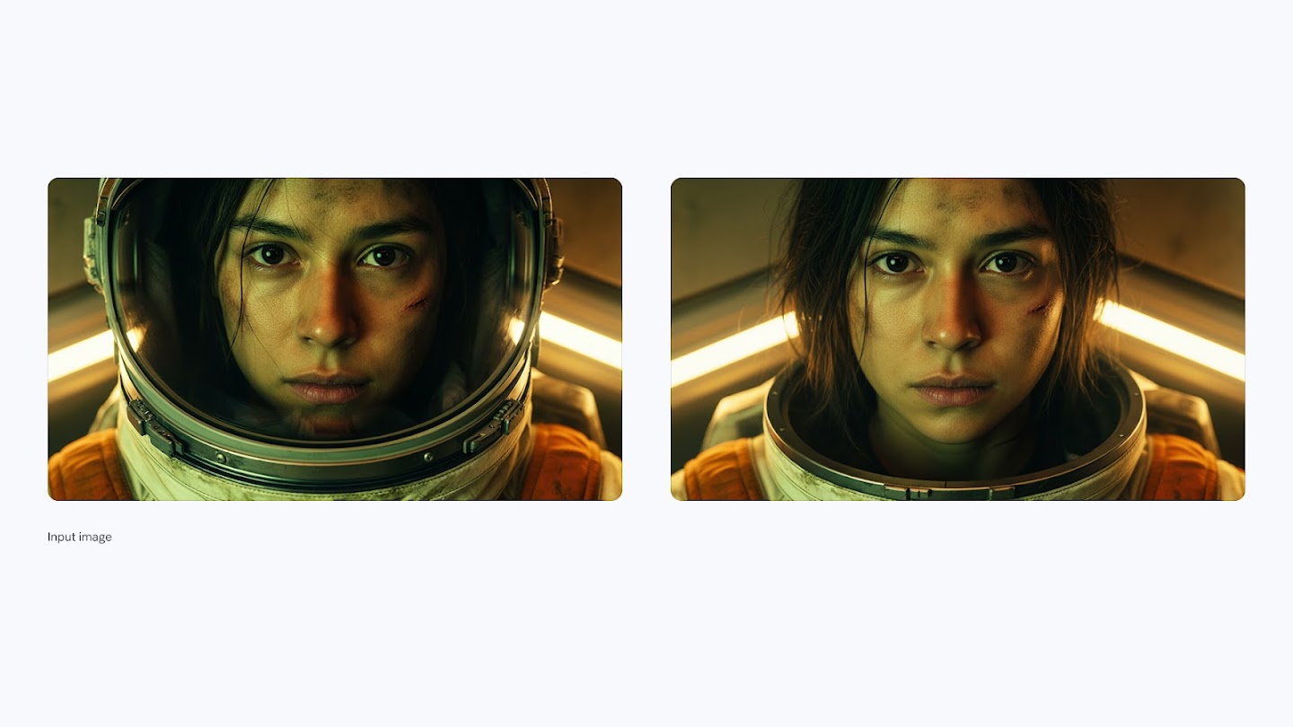  AI-generated image of: a side-by-side comparison demonstrating AI editing capabilities, showing an input image of a female astronaut wearing a helmet on the left, and the resulting image with the helmet removed on the right