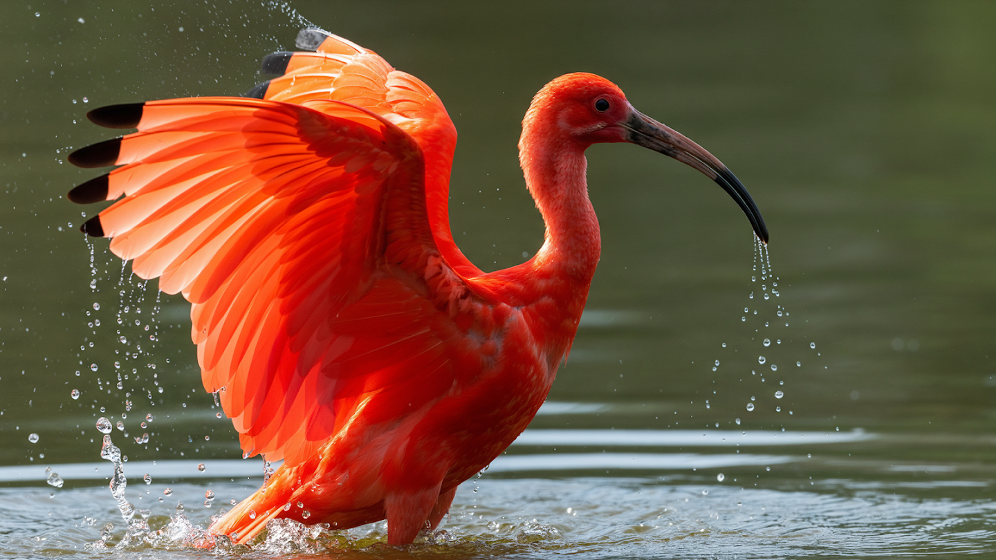 AI-generated image of: a scarlet ibis standing in dark water with its wings fully spread, displaying intensely vibrant, translucent orange-red feathers, with individual droplets of water frozen in the air around it due to its movement