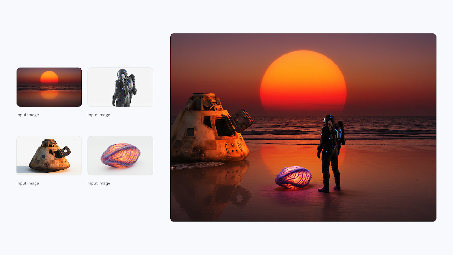 A visual example of compositing distinct elements into a cinematic landscape. The left side shows four 'input images': a vibrant sunset, a futuristic astronaut, a rusty space capsule, and a glowing organic stone. The right side combines these into a sci-fi scene where the astronaut stands on a wet beach gazing at a massive orange sun, with the capsule and glowing object resting on the sand.