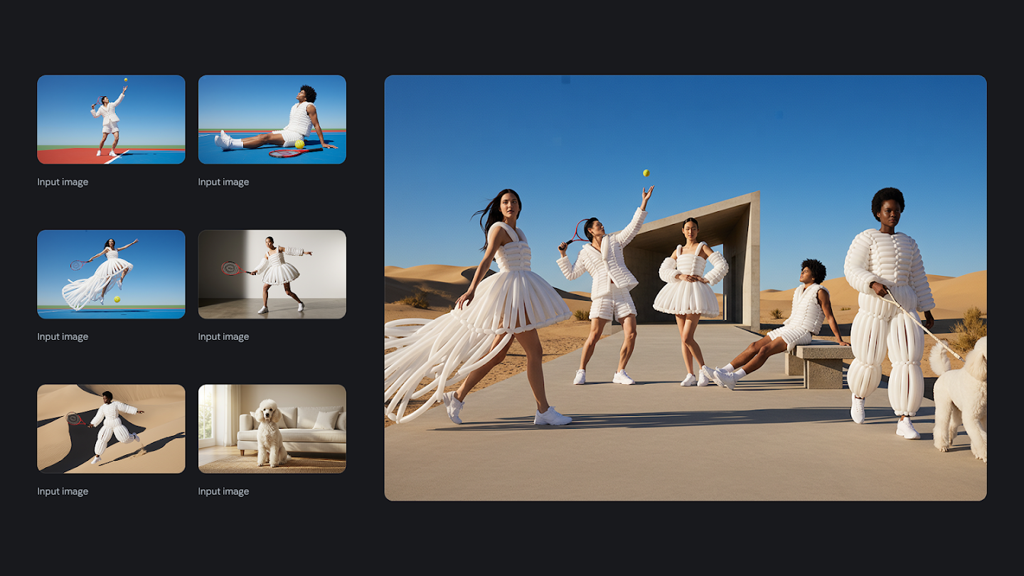 A graphic showing the synthesis of individual fashion elements into a group scene. On the left are thumbnails of models wearing avant-garde, white, puffy 'balloon-style' tennis outfits and a standard poodle. The large image on the right depicts a high-fashion editorial shot in a sunny desert setting with concrete architecture, featuring five models in the puffy white outfits posing and walking the dog.