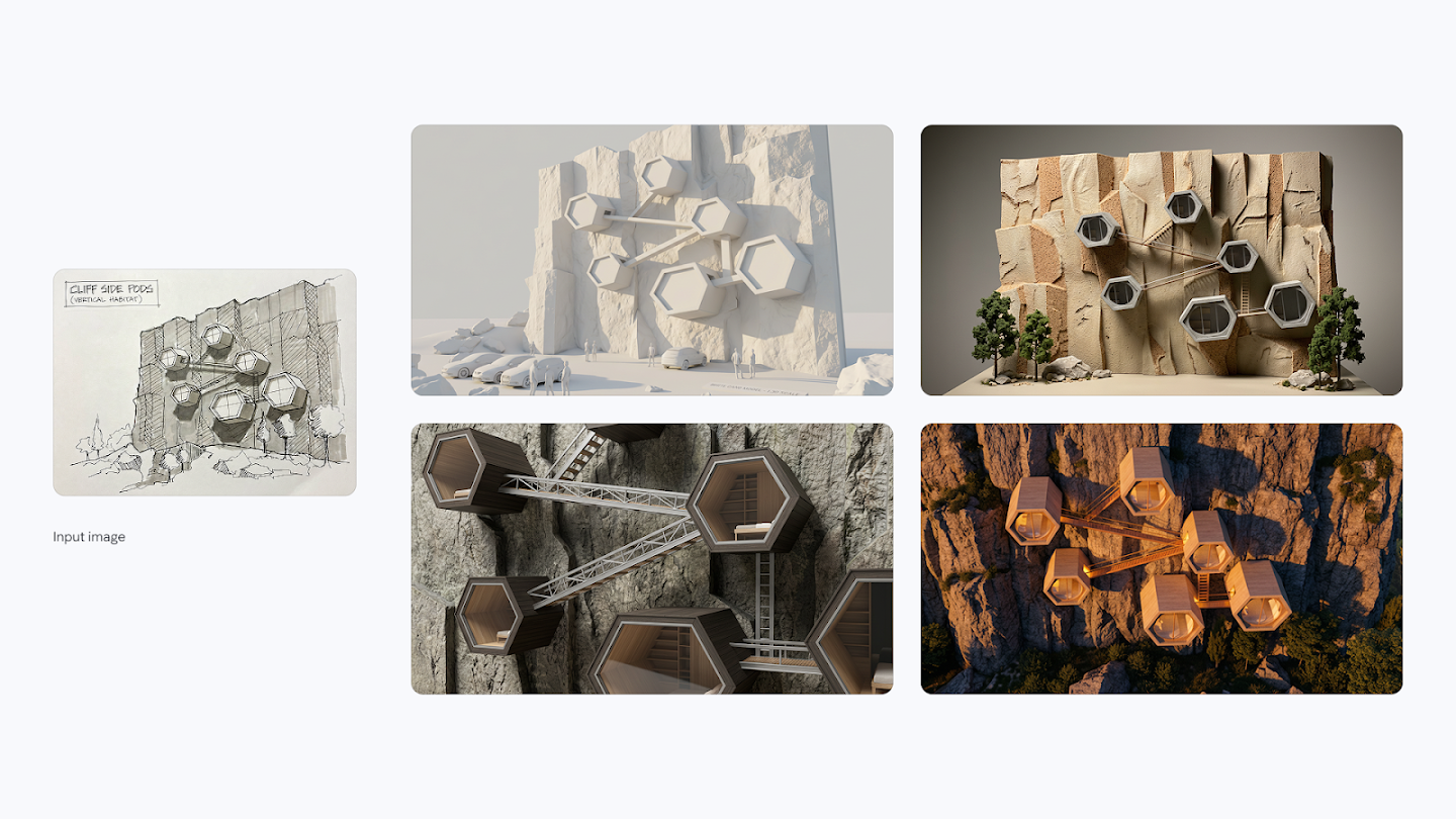 An architectural visualization display starting with a hand-drawn sketch titled 'Cliff Side Pods (Vertical Habitat).' The sketch is visualized in four distinct 3D rendering styles: a clean white 'clay' model, a realistic miniature diorama model, a close-up view of the metal walkways, and a dramatic sunset rendering of the wooden hexagonal pods attached to a rocky cliff.