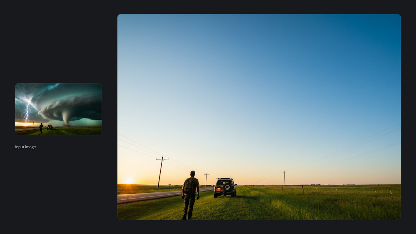AI-generated image of: a side-by-side comparison showing image editing. On the left is a small input image featuring a huge, dark tornado, with lightning and heavy clouds looming over a road, and a person and car in the foreground. On the right, the edited, full-size image shows the scene transformed to clear, bright weather at sunset with a vast blue sky, a rural road, and the person and car pulled over on the grassy shoulder.