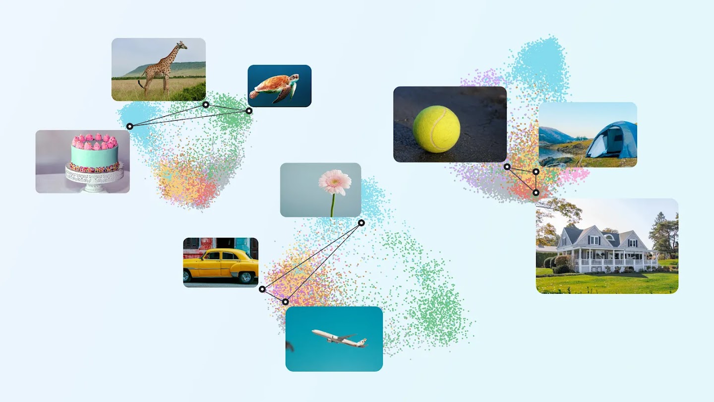 A conceptual diagram illustrating AI and human alignment. Nine images (e.g., a giraffe, a car, and a tent) are organised near colourful dot clusters, with lines grouping related concepts, such as a giraffe with a sea turtle and a car with an airplane.