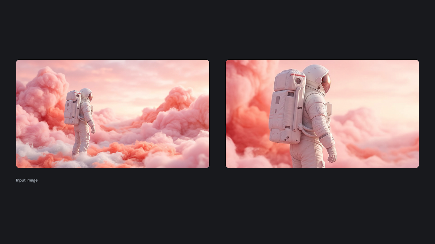 A comparison showing a surreal scene of an astronaut in a landscape of pink, fluffy clouds. The left image depicts the full astronaut standing in the clouds, while the right image is a close-up crop focusing on the texture and details of the astronaut's life-support backpack and helmet.