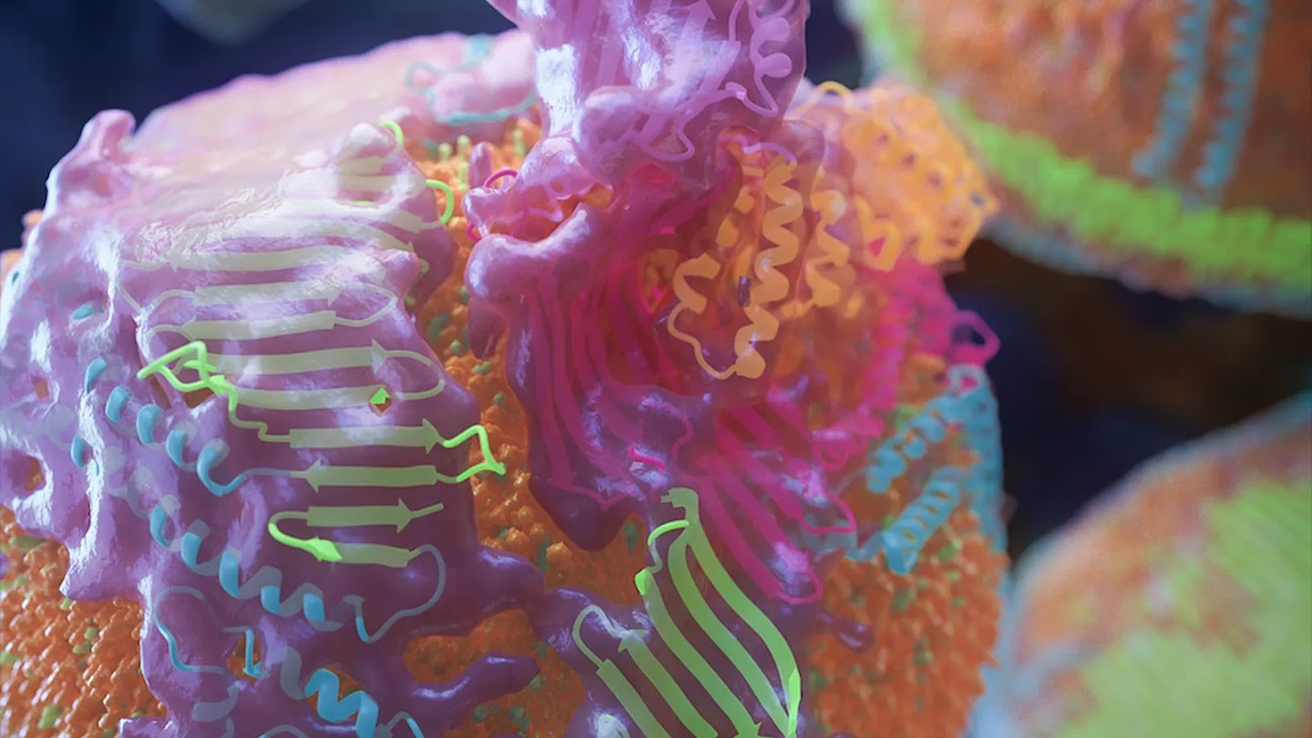 A highly magnified 3D scientific rendering of a large, textured orange and yellow spherical particle. Several complex, ribbon-like protein structures, colored in shades of pink, magenta, and fluorescent green, are shown wrapped and adhering to the surface of the sphere in great detail.