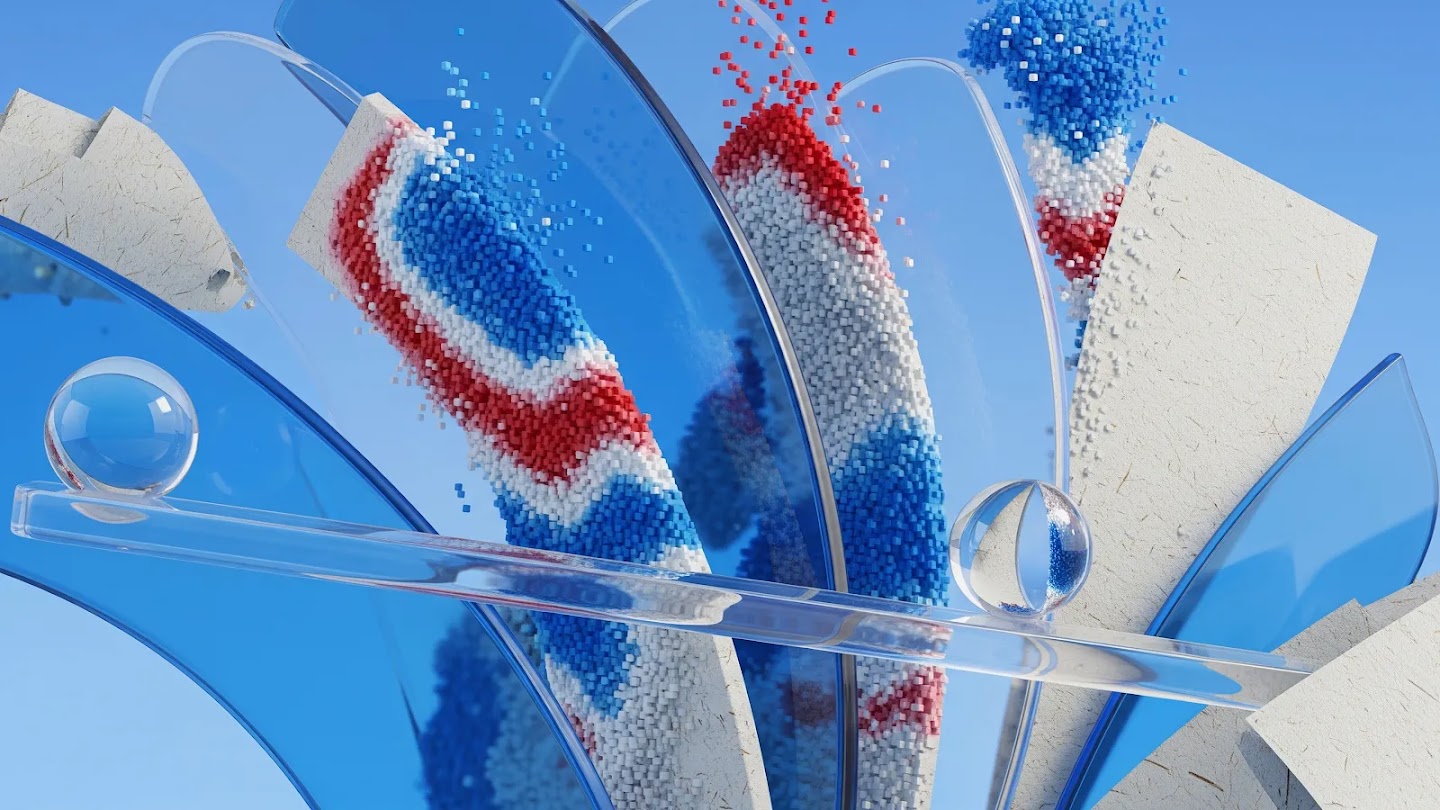 A complex, abstract 3D rendering with a dominant blue color scheme. Two large, curved glass or acrylic structures contain masses of tiny, cubic particles in the red, white, and blue colors of the UK flag. The particles appear to be flowing or suspended. In the foreground, a thin, clear glass beam balances on a curved blue structure, with two clear glass spheres resting on the beam. Cracked, off-white rectangular elements are scattered around the edges, all set against a light blue background.