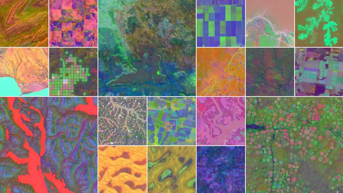 A detailed collage of 20 multi-colored tiles featuring high-resolution satellite imagery of various landscapes, illustrating global mapping data.