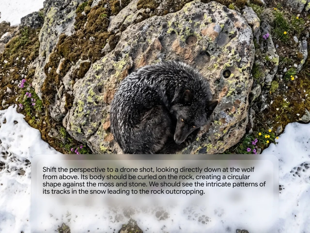 A top-down drone perspective looking directly down at a black wolf curled into a tight, circular sleeping position on a large, textured rock.