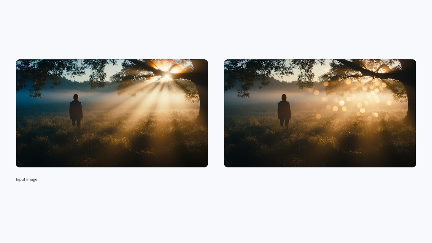 Two versions of a moody landscape photo showing a person standing in a foggy field at sunrise. The left image features distinct beams of sunlight (god rays) streaming through a tree. The right image replaces the beams with soft, circular bokeh light orbs for a dreamier atmosphere.
