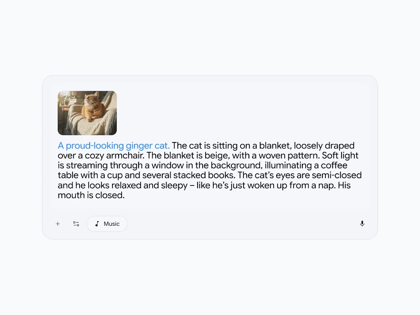 An image of a grey music generation interface featuring a small thumbnail of a ginger cat sitting in a cozy armchair. The text prompt describes the scene in detail, with a specific blue highlight on the primary subject: "A proud-looking ginger cat."