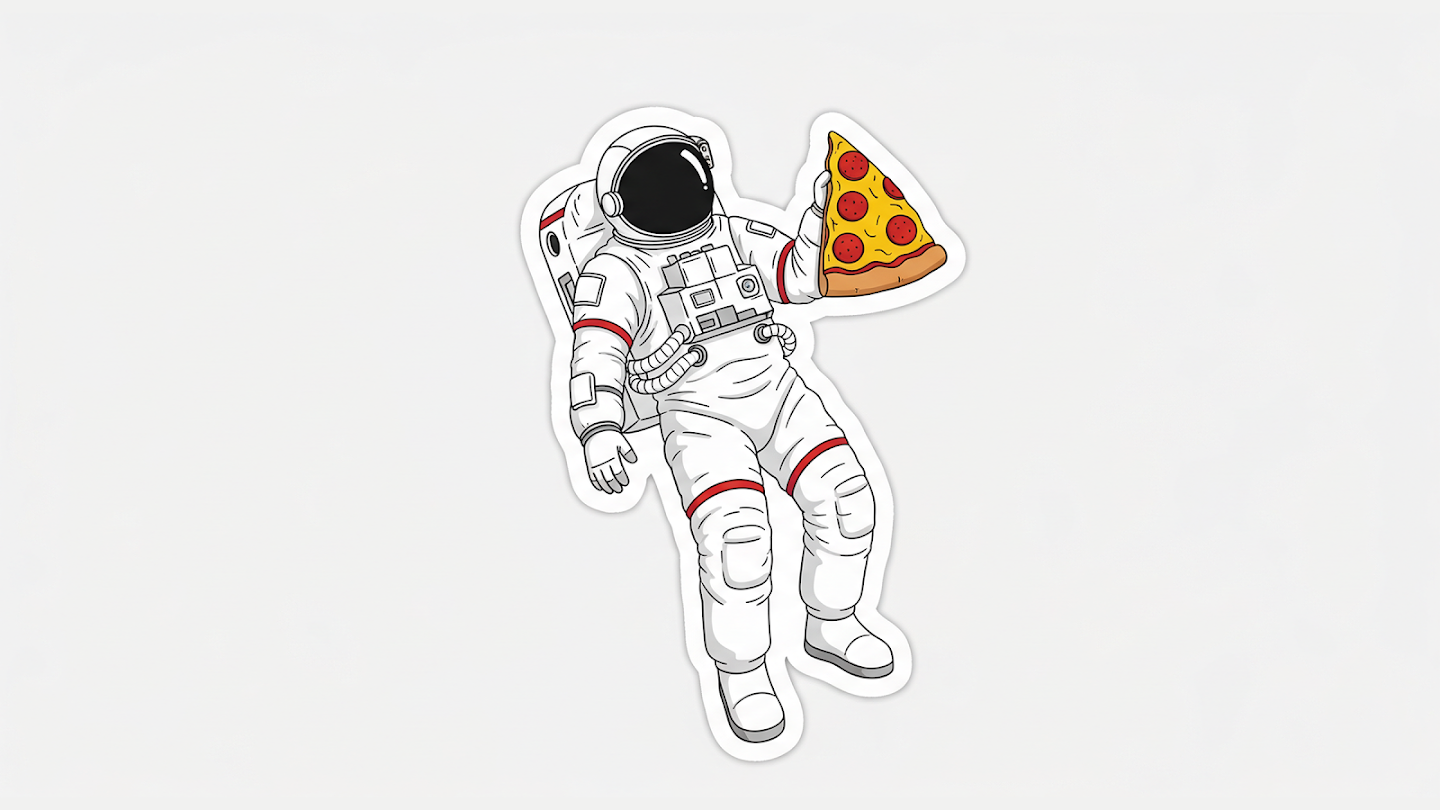 AI-generated image of: a sticker of an astronaut in a full white spacesuit floating and holding a slice of pepperoni pizza