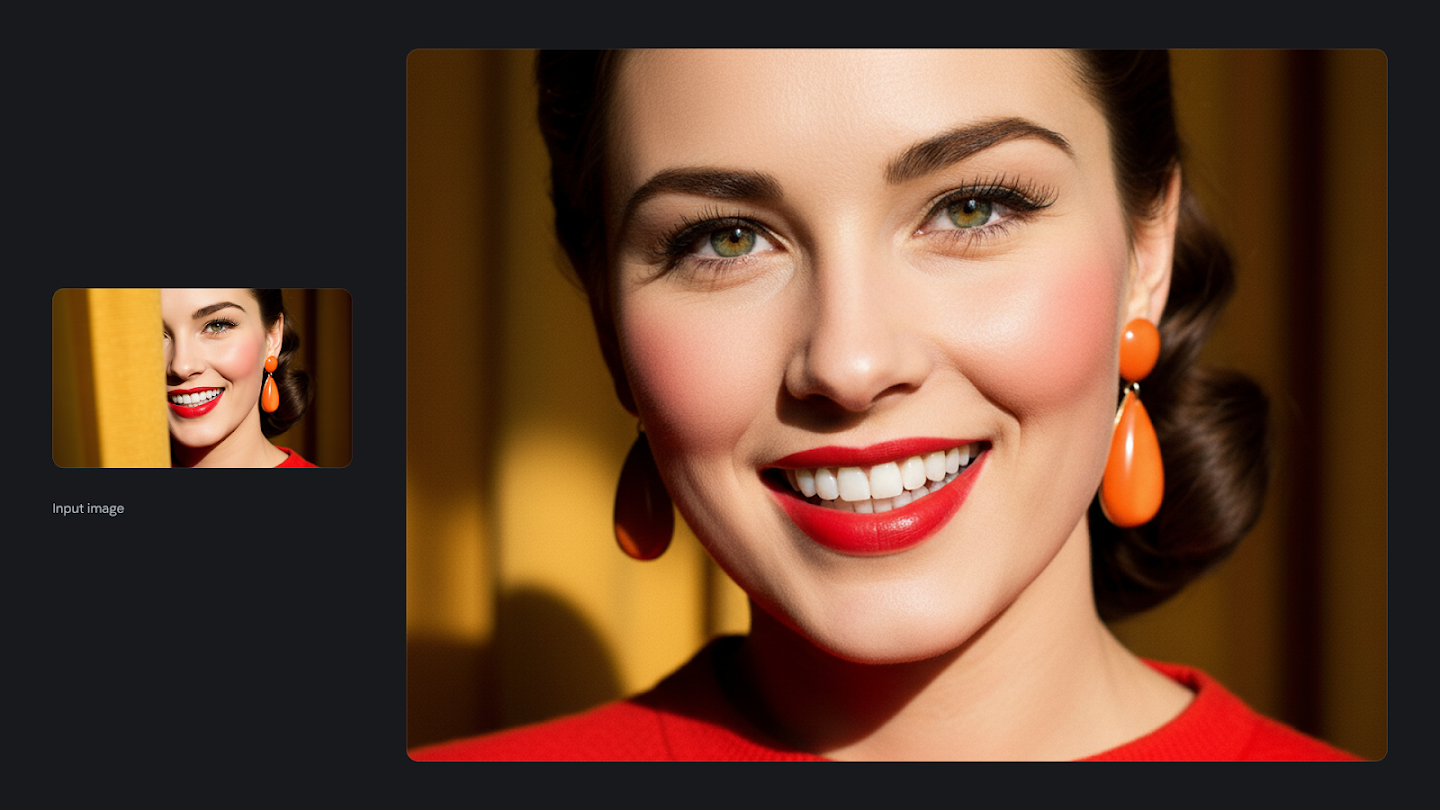AI-generated image of: a side-by-side comparison showing image editing. On the left is a small input image of a smiling woman with bright red lipstick and orange earrings, partially obscured by a yellow curtain. On the right, the edited, full-size image shows a close-up of the woman, with the yellow curtain removed and replaced by a smooth yellow background that complements the orange earrings and red outfit.