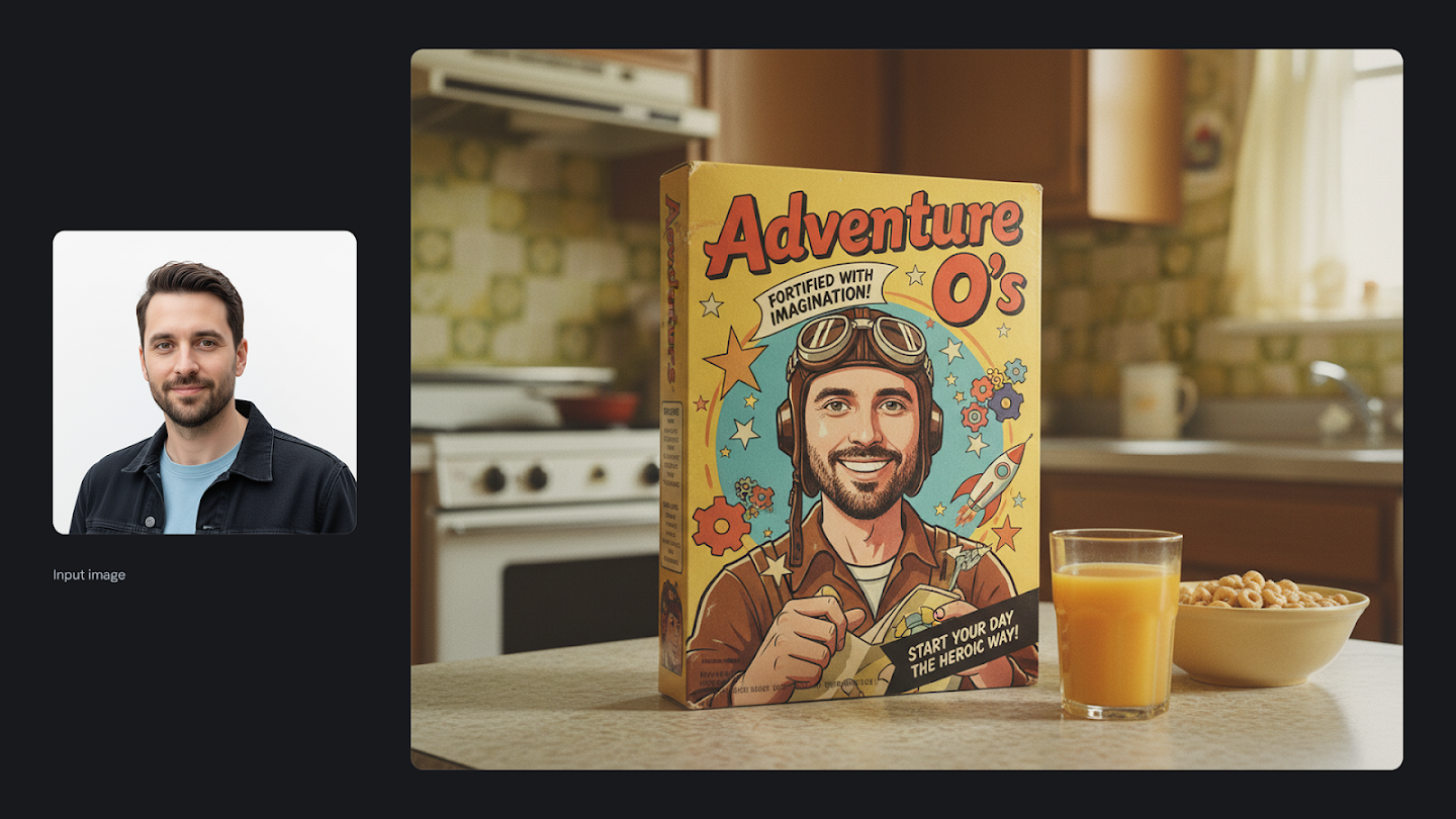 AI-generated image of: a side-by-side comparison. On the left is an input portrait of a smiling man. On the right, the generated output shows a fictional 1960s-style cereal box named 