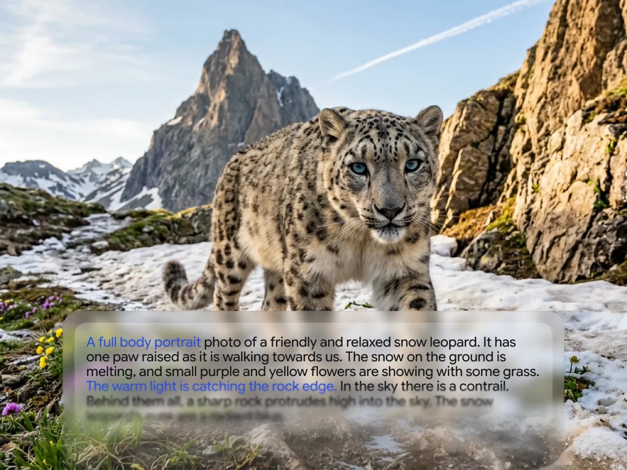 A photo of a snow leopard in the mountains with a prompt overlay. The phrase "A full body portrait" is highlighted in blue to demonstrate the Composition component of the prompt.