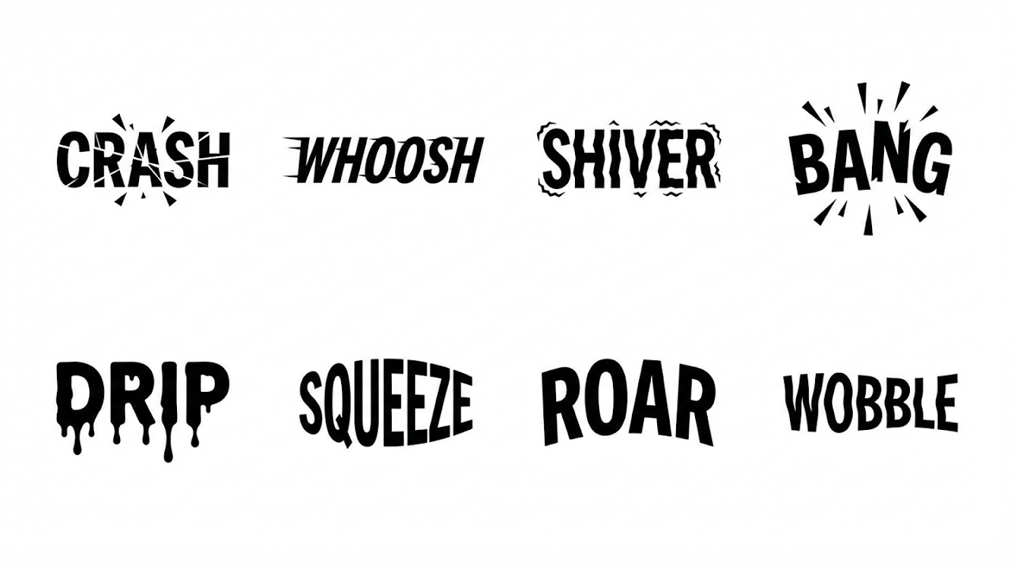 A collection of eight expressive typographic designs for onomatopoeic words, where the visual style matches the meaning: 'CRASH' is broken, 'WHOOSH' is slanted with motion lines, 'SHIVER' is shaky, 'BANG' is explosive, 'DRIP' is melting, 'SQUEEZE' is pinched, 'ROAR' is arched, and 'WOBBLE' is uneven.