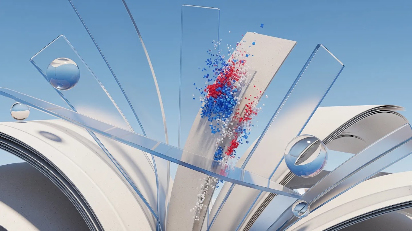 A dynamic, abstract 3D composition with a light blue background. The foreground features large, curved, white/off-white structures resembling pages or scrolls. A central, vertical, off-white slab is angled upward and appears to be shattering, releasing small cubic particles in a mixture of red, white, and blue colors. Several clear, vertical glass or acrylic planes intersect the scene, and three reflective glass spheres are placed on the left, right, and bottom center, interacting with the glass structures.