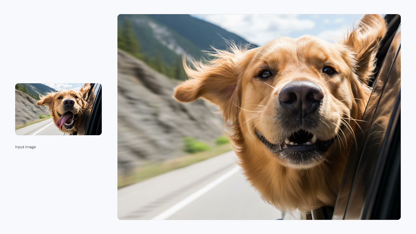 AI-generated image of: a side-by-side comparison showing image editing. On the left is a small input image of a golden retriever with its tongue out and head out of a moving car window. On the right, the edited, full-size image shows the dog with its mouth closed and a happy, open-mouthed smile, with its fur and ears blowing in the wind as it rides in the car.