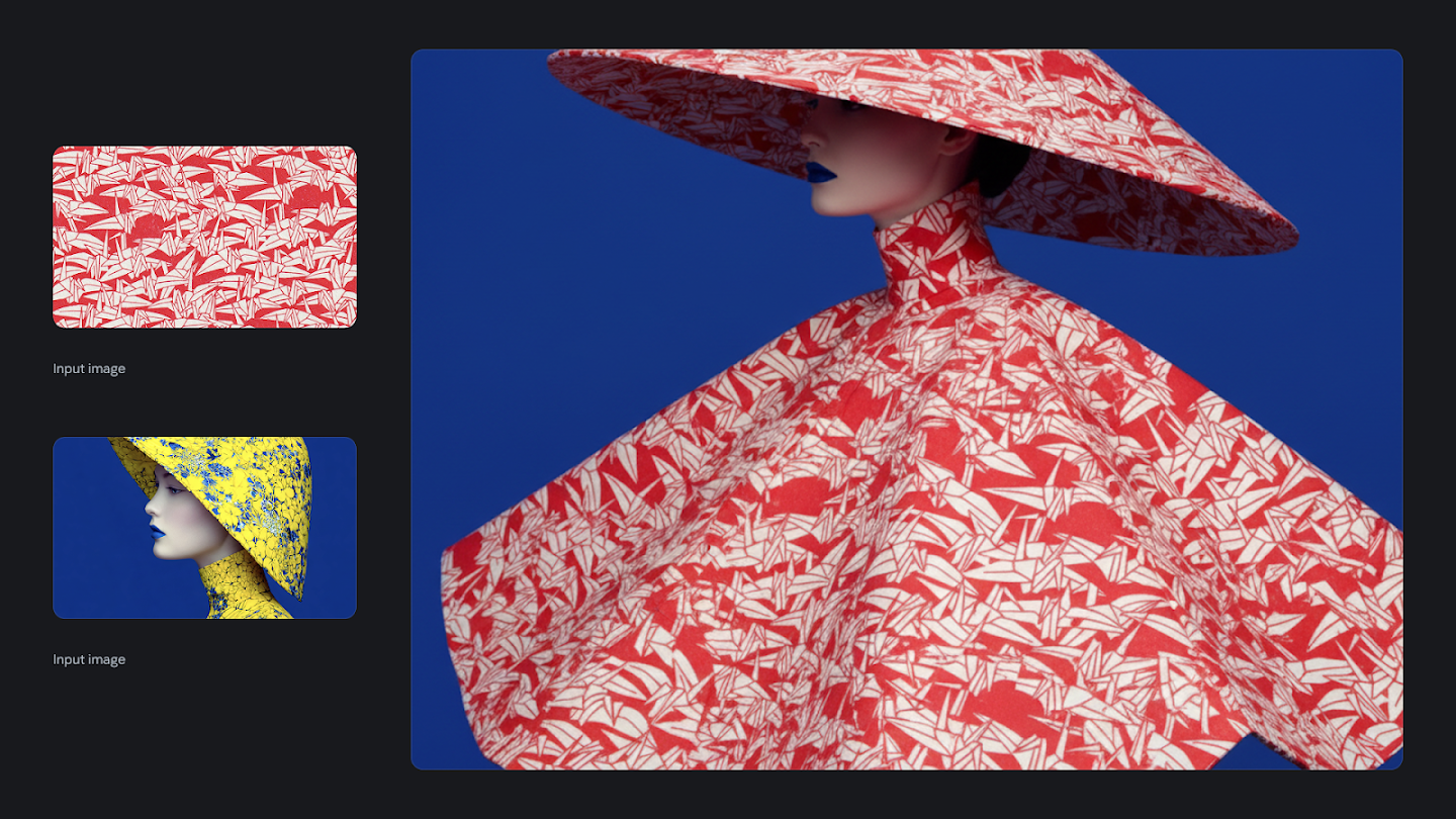 AI-generated image of: a side-by-side comparison showing image merging. On the left are two input images: one of a red and white geometric pattern and the other of a mannequin wearing a yellow dress with blue speckles and a large sun hat. On the right, the generated output shows a close-up of a woman in a dramatic, high-fashion, red and white origami paper-patterned dress and large matching sun hat, against a bright blue background.