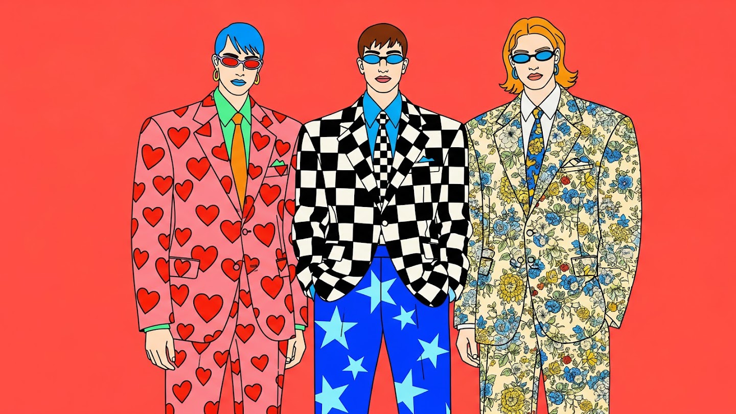 AI-generated image of: Stylized graphic illustration of three people, highlighting detailed and distinct patterns: a pink suit with red hearts, a checkerboard jacket with blue star-print pants, and a floral-print suit, all rendered with bold colors and clean line art against a solid red background.
