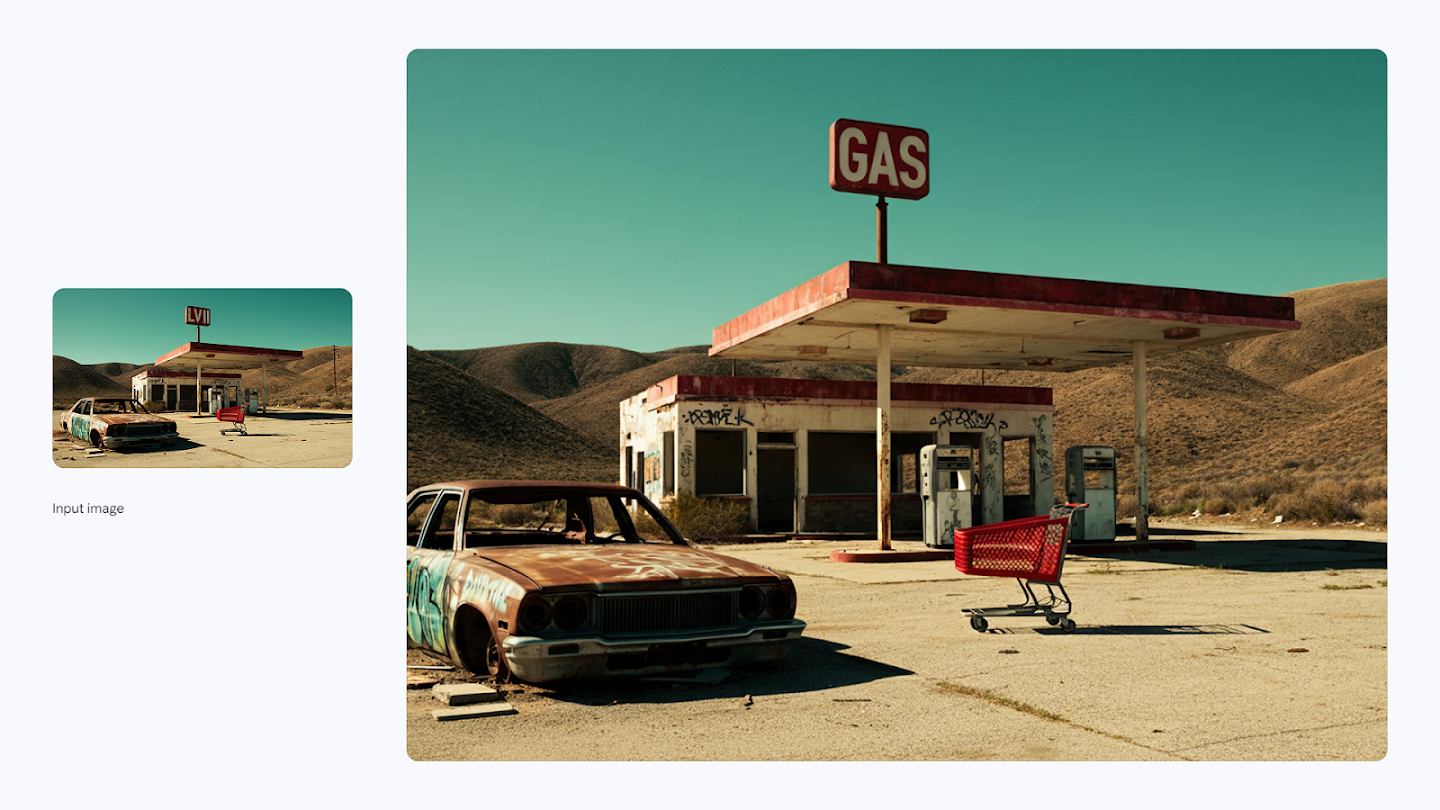 AI-generated image of: a side-by-side comparison showing image editing. On the left is a small input image of a dilapidated, abandoned gas station with a rusty car and a faded red sign. On the right, the edited, full-size image shows the environment made vibrant and clean, with a clear blue sky, but maintaining the distressed look of the gas station structure and the rusty car, and correcting the sign to clearly read 