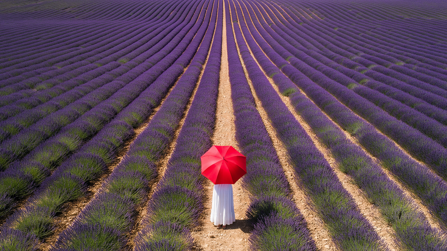 AI-generated image of: a high-angle shot of endless, precisely aligned rows of textured purple lavender bushes, with a single figure in a white dress holding a vibrant red umbrella standing in the dry earthen furrow between the rows