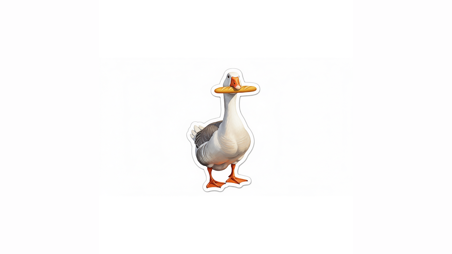 AI-generated image of: a sticker showing a white and grey goose standing and holding a whole baguette in its orange beak