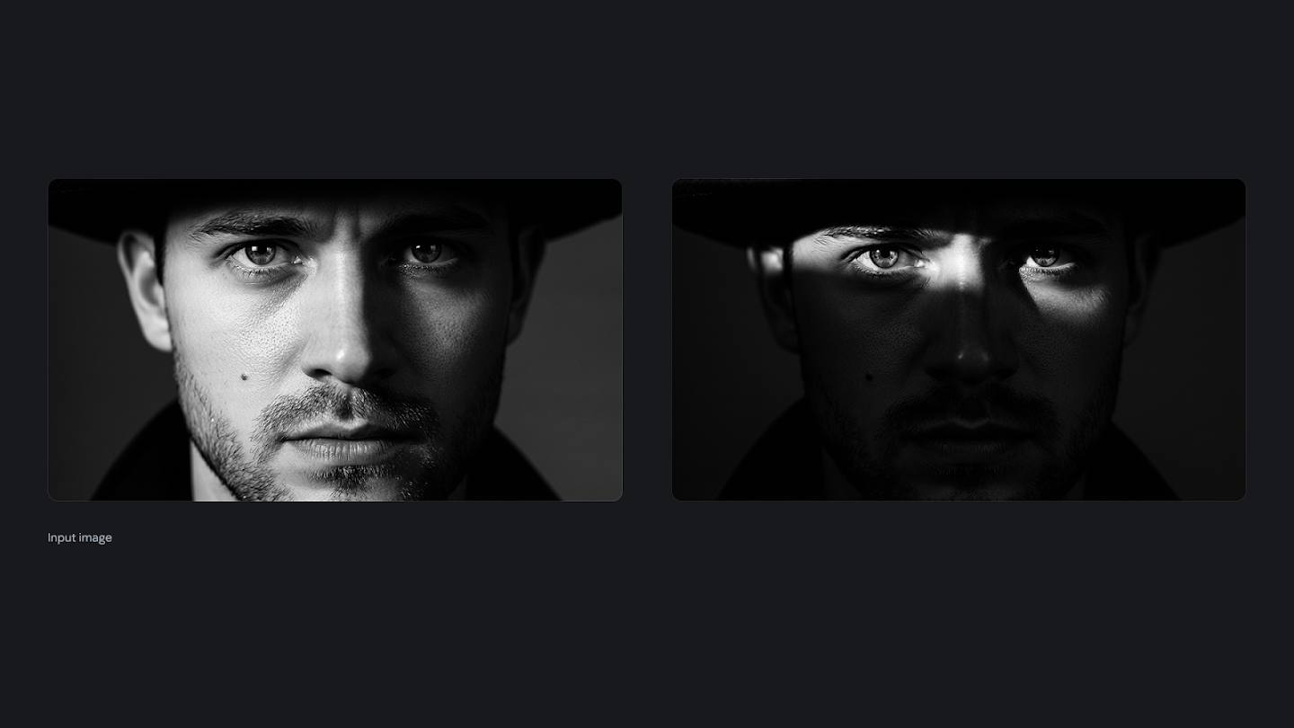 A split image showing a black and white portrait of a man wearing a hat with different lighting effects. On the left, his face is evenly shadowed but fully visible. On the right, a 'film noir' style shadow is applied, obscuring most of his face and leaving only a narrow strip of light across his eyes.