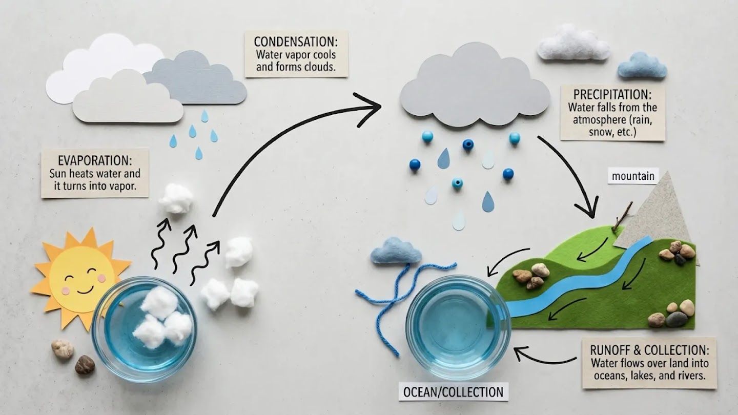 A craft-style diagram of the water cycle featuring evaporation, condensation, precipitation, and runoff.