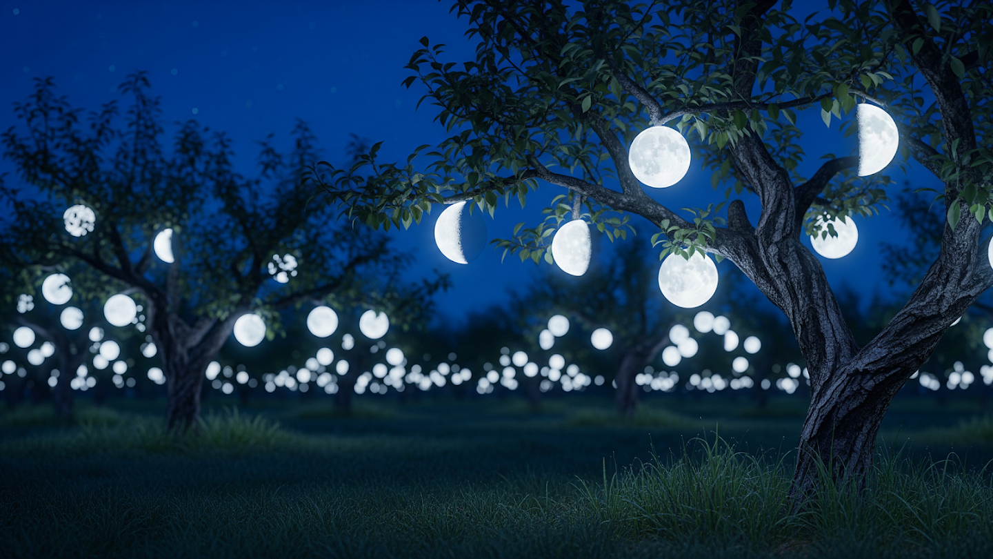 AI-generated image of: a magical orchard at night where dark, textured tree branches are heavily laden with glowing, hyper-realistic moons in various phases, casting a cool, ethereal blue light across the grassy field below