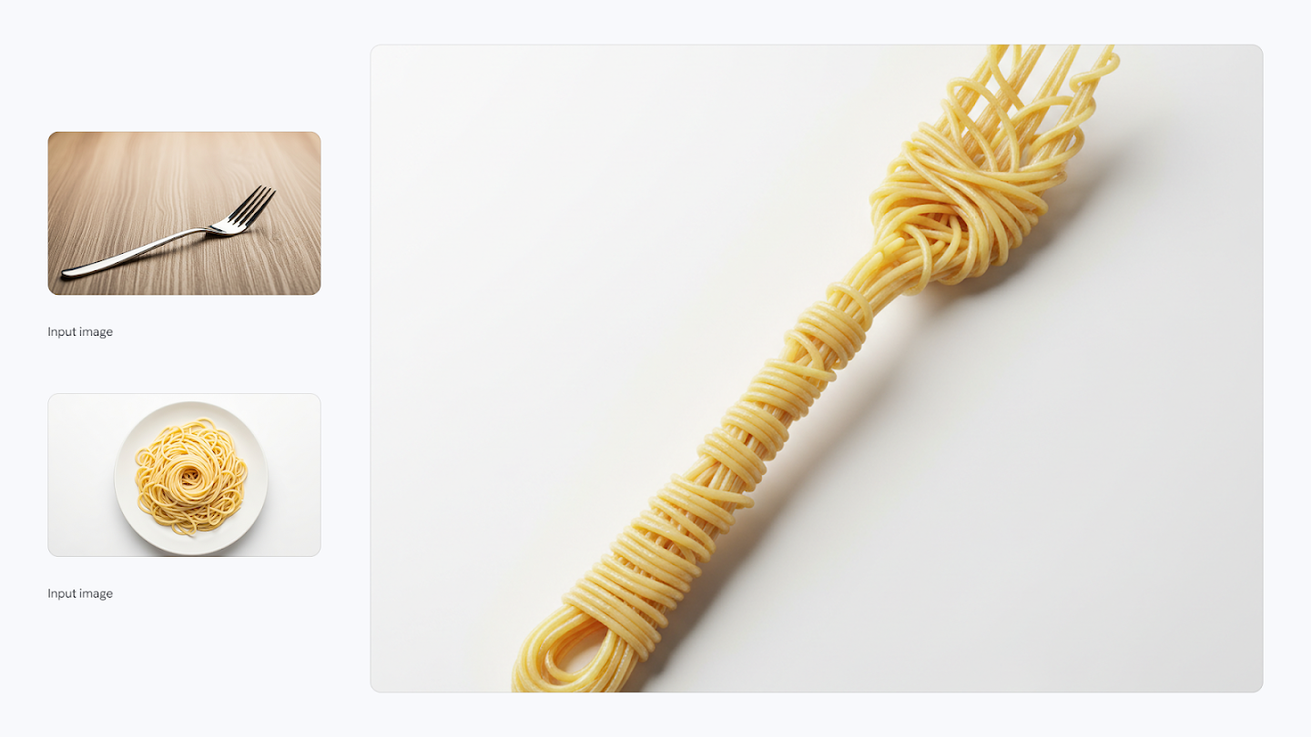 AI-generated image of: a side-by-side comparison showing image merging. On the left are two separate input images: one of a metal fork on a wooden table, and the other a bird's-eye view of a coiled circle of cooked spaghetti on a white plate. On the right, the generated output shows a single, oversized fork constructed entirely from tightly wrapped strands of spaghetti, resting on a white background.