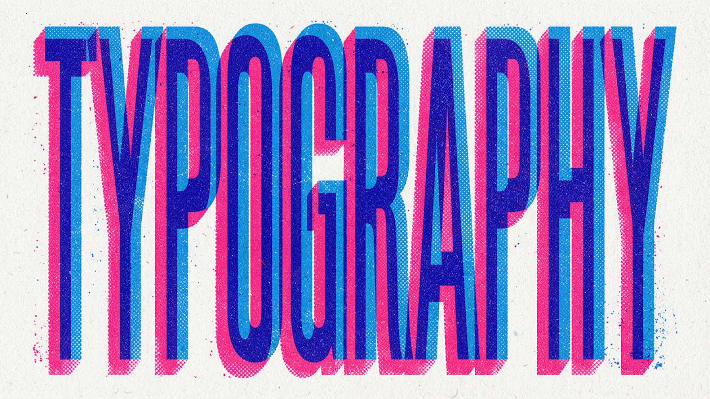 The word 'TYPOGRAPHY' designed in a tall, condensed font featuring a retro textured style with blue and pink halftone patterns and a heavy drop shadow.