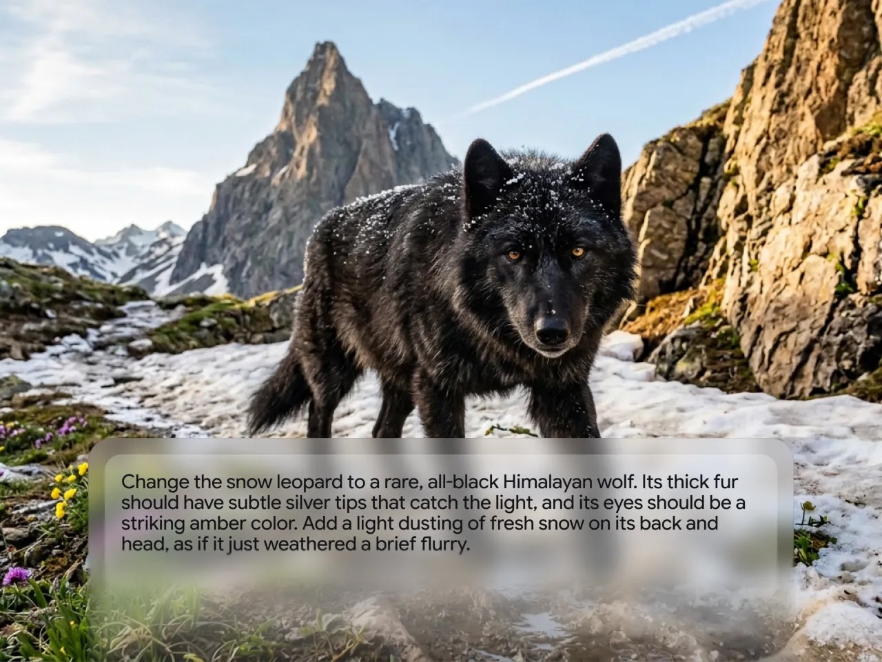 A realistic eye-level shot of an all-black Himalayan wolf walking through a snowy mountain pass.