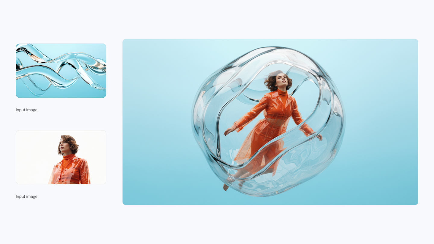 AI-generated image of: a side-by-side comparison showing image merging. On the left are two separate input images: one of a swirling clear liquid against a blue background, and the other a lower-angle portrait of a woman in an orange plastic raincoat. On the right, the generated output shows a woman floating inside a massive, amorphous, translucent liquid-like bubble against a light blue background.