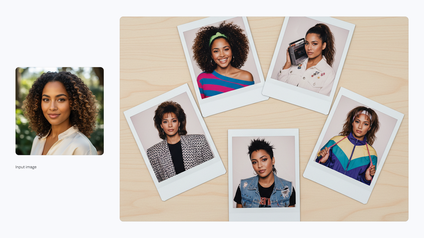  AI-generated image of: a side-by-side comparison. On the left is an input portrait of a woman with curly hair. On the right, the generated output shows five Polaroid prints scattered on a light wood table, each featuring the same woman styled in various 1980s fashions and hairstyles.