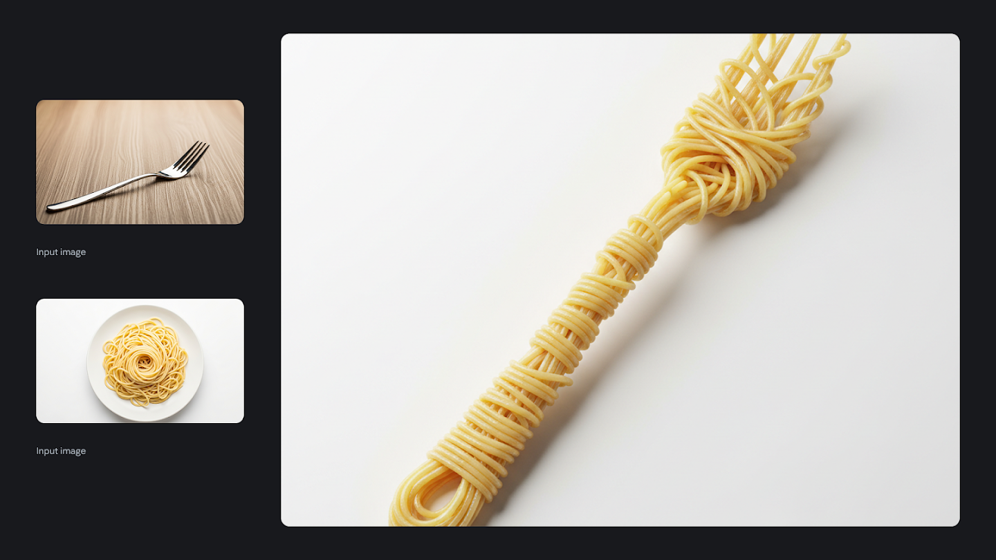 AI-generated image of: a side-by-side comparison showing image merging. On the left are two separate input images: one of a metal fork on a wooden table, and the other a bird's-eye view of a coiled circle of cooked spaghetti on a white plate. On the right, the generated output shows a single, oversized fork constructed entirely from tightly wrapped strands of spaghetti, resting on a white background.